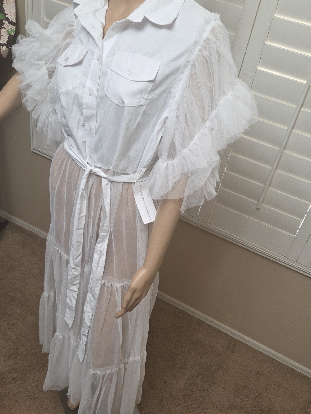 NWY Live 4 Truth White Sheer Tiered Maxi Shirt Dress with Ruffle Sleeves SZ L - Picture 3 of 13